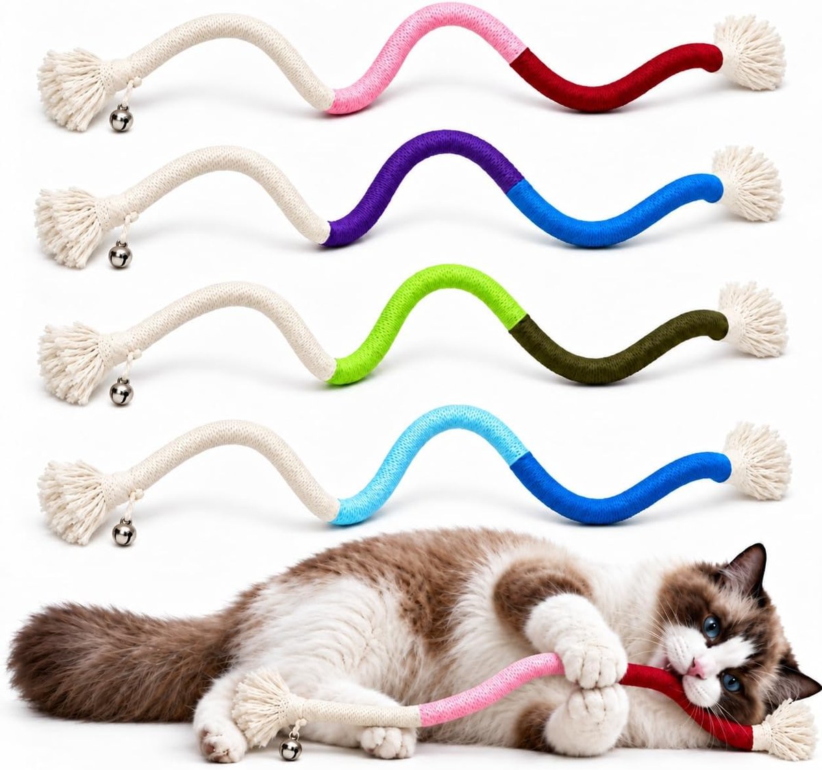 AGYM Cotton Rope Cat Teasers with Bells, 4 Pack