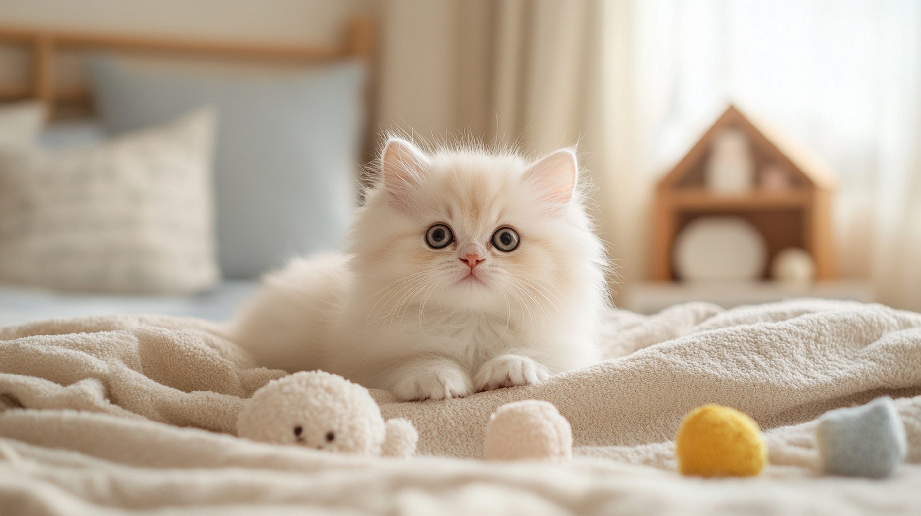 White kitten resting on a blanket